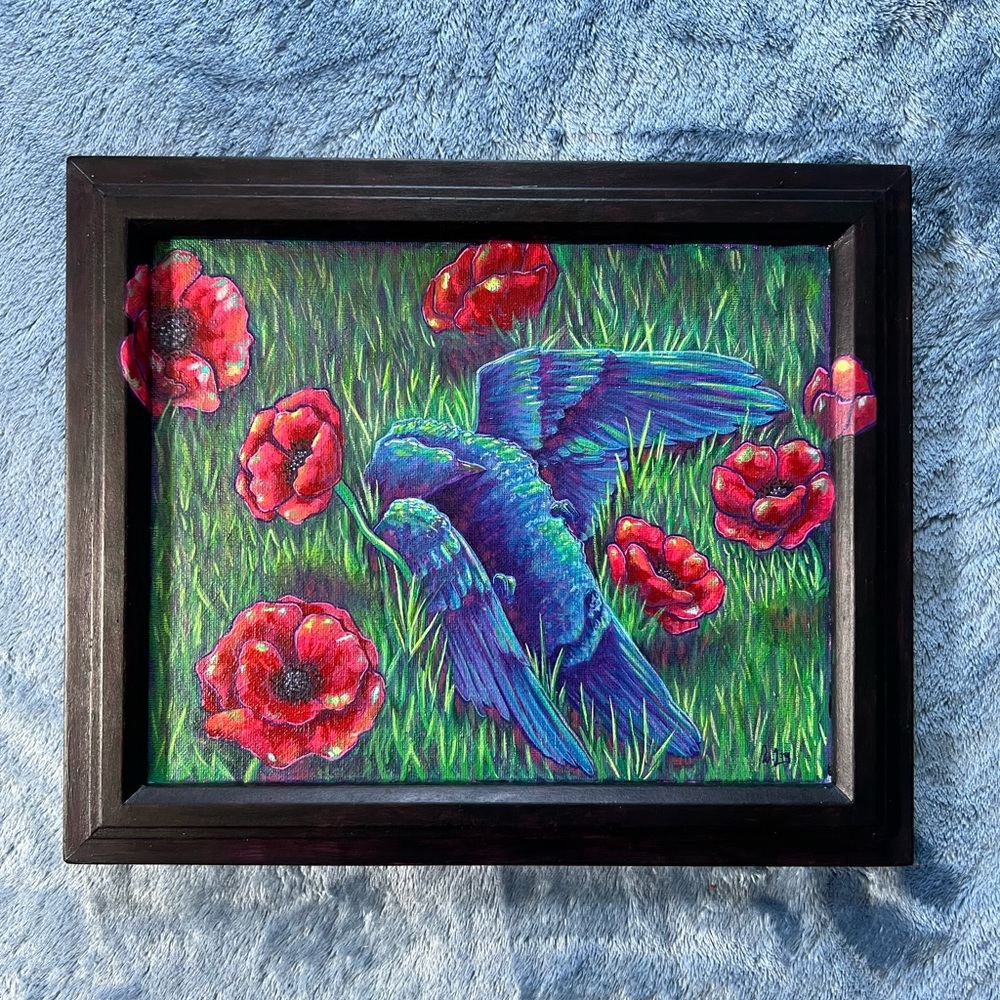 “A Long Sleep” Vibrant Bird and Poppies Framed original Artwork